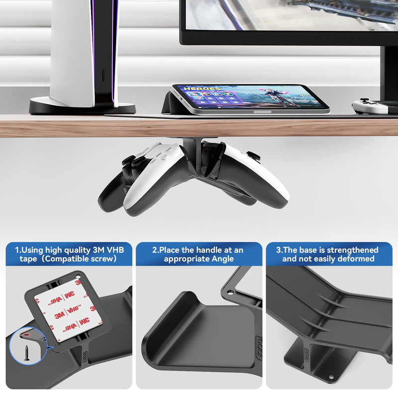 Controller Holder，Headphone Stand，Controller Stand，Headset and Controller Stand， Under Desk Controller Holder with Strong Double Sided Tape，Universal Design for Xbox ONE, PS5, PS4, PC
