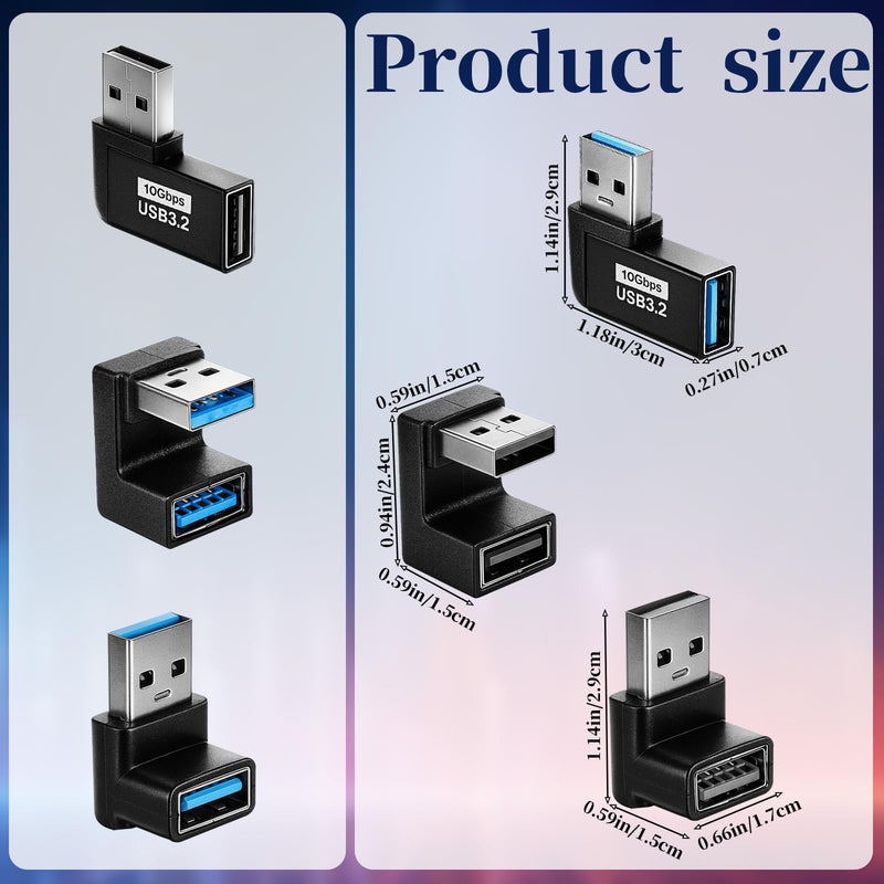 6 Pack USB Adapter, Left and Right Angle, 180 Degree / 90 Degree Vertical Up and Down USB A Male to Female Extender Connector for Laptop Car Charger Power Bank Flash Drive Devices