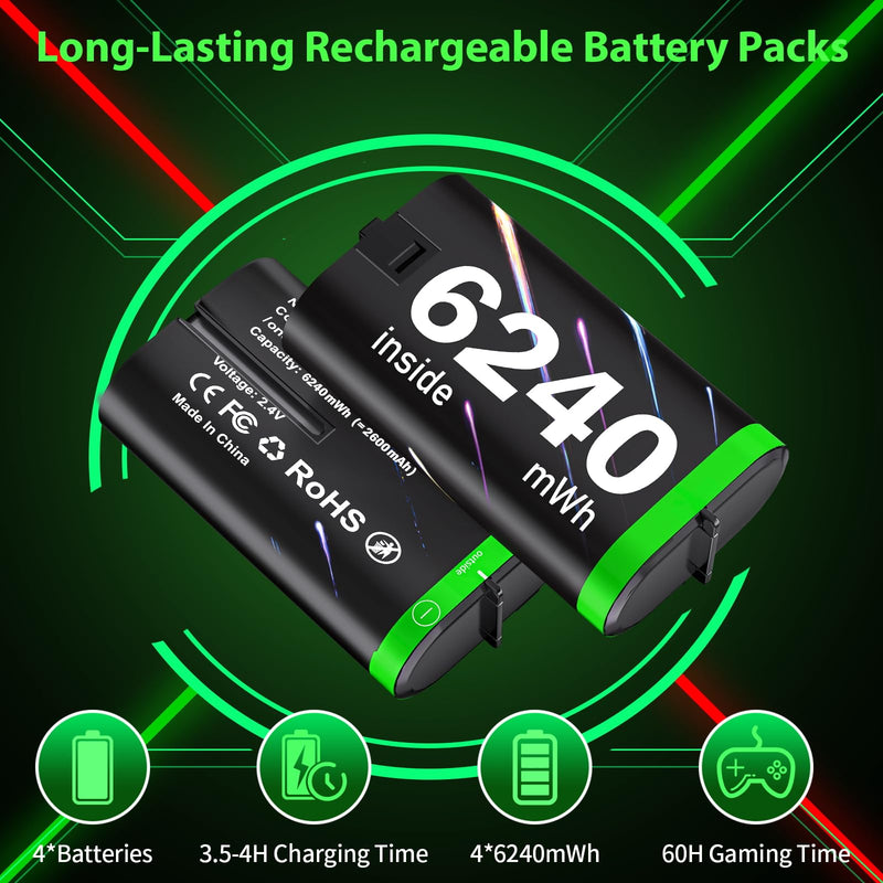 for Xbox Controller Battery Pack for Xbox Series X|S/One/Xbox Elite | 4x6240mWh Batteries for Xbox Controller, Rechargeable Battery pack with Charger, for Xbox Batteery Pack with Fast Charging