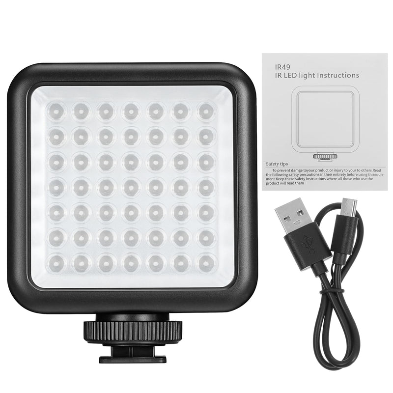 Mini IR Night Vision Light for Camera & Camcorder 2000mAh Rechargeable | Infrared Photography Light with 49 LEDs, 3 Cold Shoe Mount for Vlog Video Recording