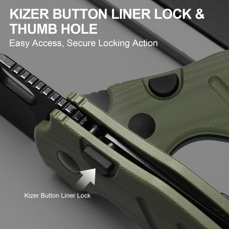 Kizer C01C 2.9 BS Sheepdog Pocket Knife, 2.95" D2 Blade Folding Knife with Olive Green G10 Handle, Button Liner Lock & Thumb Hole, Small EDC Knives for Camping Hiking Survival, V3488.29BSM1