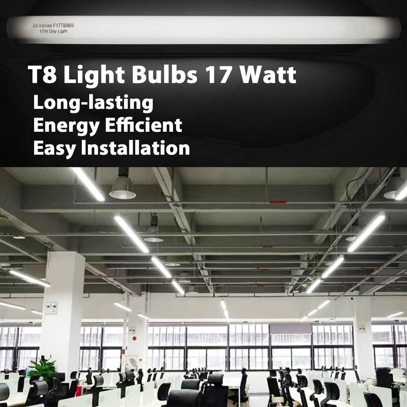 Konideke 24 Inch F17T8/865 Fluorescent Bulb Daylight 6500K, 17 Watt T8 Light Bulb, 2 Foot Fluorescent Light Bulb, 1460 lumens, G13 Medium Bi-Pin Cap 8 Pack