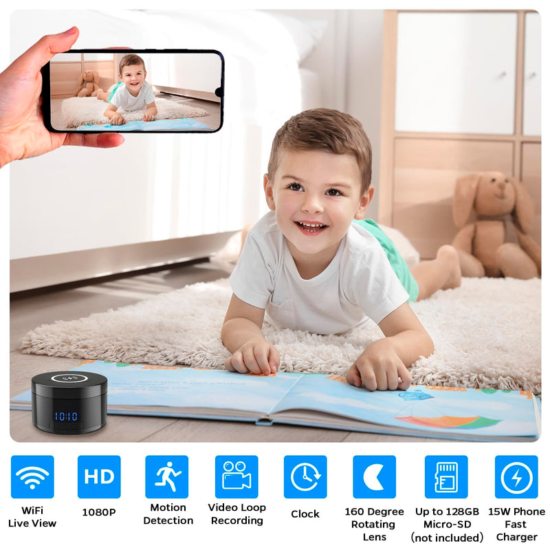 Indoor Camera with Clock and Wireless Charging, 1080P WiFi Cameras for Home, Security Camera with Motion Detection, Night Vision, Local & Cloud Storage,with APP (Black) Black