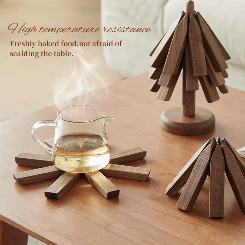 Trivets for Hot Dishes, 4 Artful Foldable Wooden Hot Pads for the Kitchen, Store as a Decorative Christmas Tree for Dishes, Pans, and Teapots | Creative Kitchen Gift Made of Walnut Wood A Walnut 4 pcs
