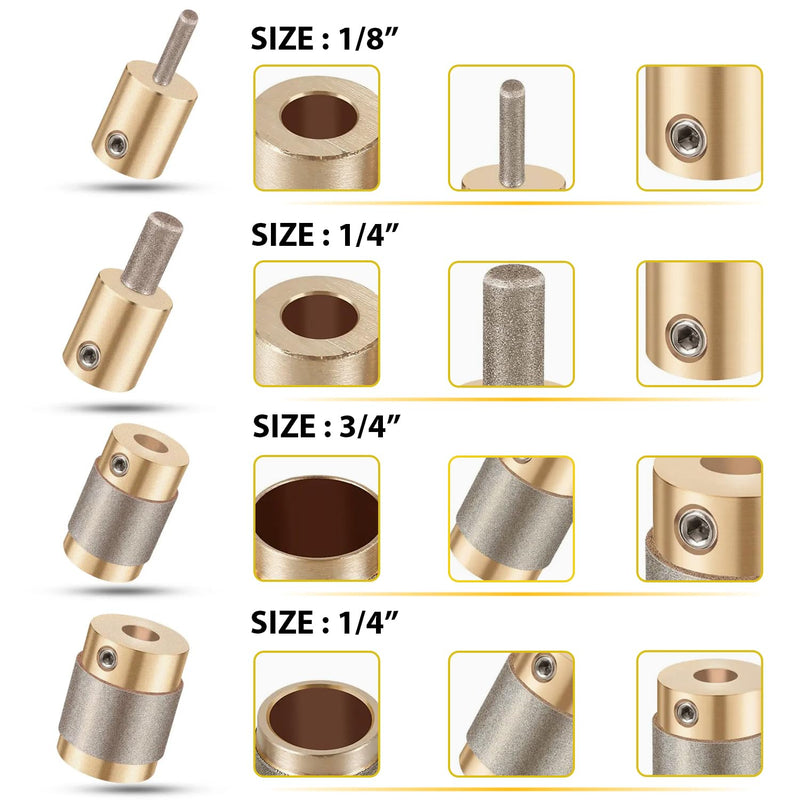 Glass Diamond Grinder Bit Head Tools Stained Glass Drill Bits Brass Core Stained Grinder Bits Stain Tools 4 Sizes 1" 3/4" 1/4" 1/8" 1 3/4 1/4 1/8 in