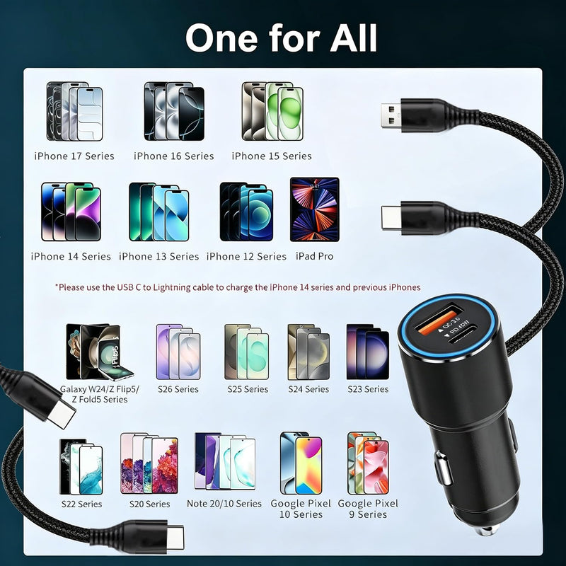 63W Car Charger USB C Super Fast Charging for iPhone Air/17/17 Pro/17 Pro Max/17e/16/16Pro/16e/15/15Pro/iPad Pro 13/12.9/11/Air/Mini Dual Port 12V Cigarette Lighter Adapter Plug+Carplay Cable 3ft 4ft