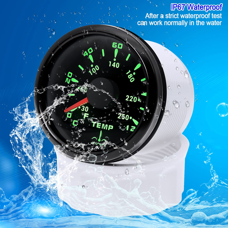 ARTILAURA Water Temp Gauge 7 Color 2-1/16" 52mm AUTO Water Temperature Meter 30-250℉ / 40-120℃ (All Black) Water Temp F