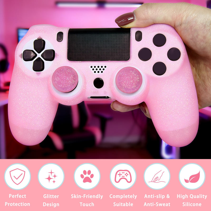 Pink Glitter Anti-Slip Protective Silicone Cover Skin Grips Compatible with PS4/Slim/Pro Controller,8 PCS Glitter Thumb Grips Caps and 2 Grips Caps. (Glitter Pink) Glitter Pink