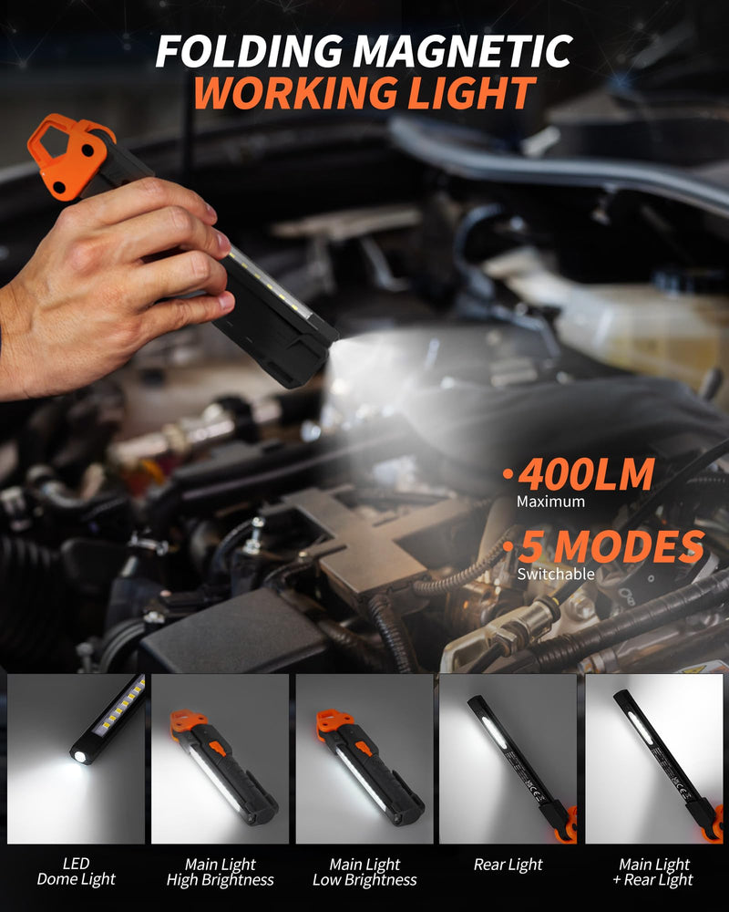 Led Work Light,400LM Foldable Mechanic Light, Rechargeable Flashlight with 5 Modes, 230° Rotate and Hook Magnetic Light for Car Repair, Camping, Grill（2 Pack Upgrade） 2 Packs with 180° Swivel