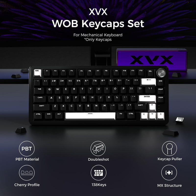 XVX PBT Double Shot Keycaps Set 138 Keys Cherry Profile Custom Key caps | 60 65 75 100 Percent for 61/64/68/84/87/100/104/108 Retro Gaming Black and White Mechanical Keyboard, Black