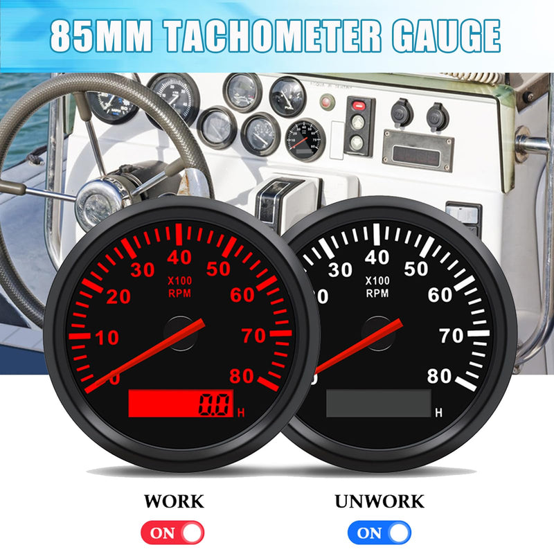 Geloo 85mm Marine Tachometer Gauge Waterproof Boat RPM Tachometer Outboard 0-8000 RPM Tacho Meter for Car Truck 8000RPM Tacometro Meter with LCD Digital Hour Meter Red Backlight 12V/24V Black