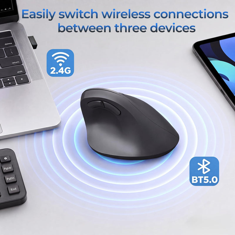 MOKURU Wireless Ergonomic Mouse, Supporting Bluetooth/2.4G Connection, Featuring 4 Buttons, Adjustable DPI Settings of 1000/1600/2400, Compatible with Windows/macOS, Laptops, Desktop Computers (Black) Black