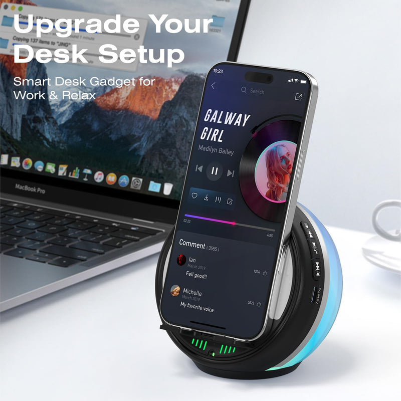 Wireless Induction Speaker with Phone Stand, RGB Bluetooth Desk Speaker | No Bluetooth Pairing, Instant Sound Boost, Great for calls, podcasts, and videos, Unique Gift for Men, Dad, Mom, Office