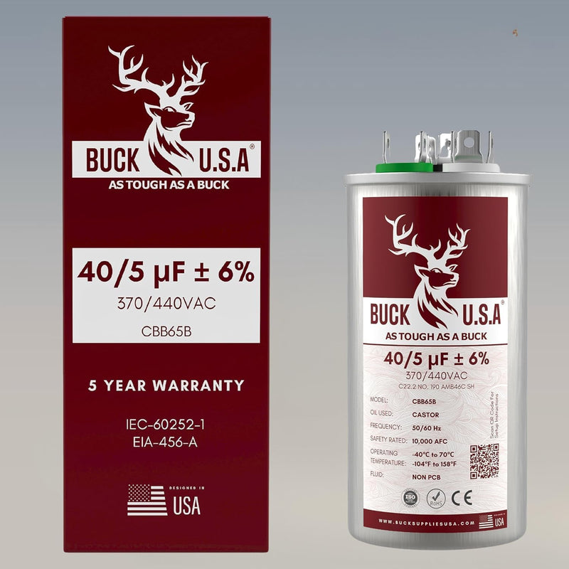 Buck 40+5uF 40/5 MFD ±6% CBB65B Dual Run Round Start Capacitor - Ideal for HVAC Systems, Air Conditioner Unit Fan Motor Start, Heat Pump, & Condenser Straight Cool Applications 370/440VAC 50/60Hz 40+5 µF 1