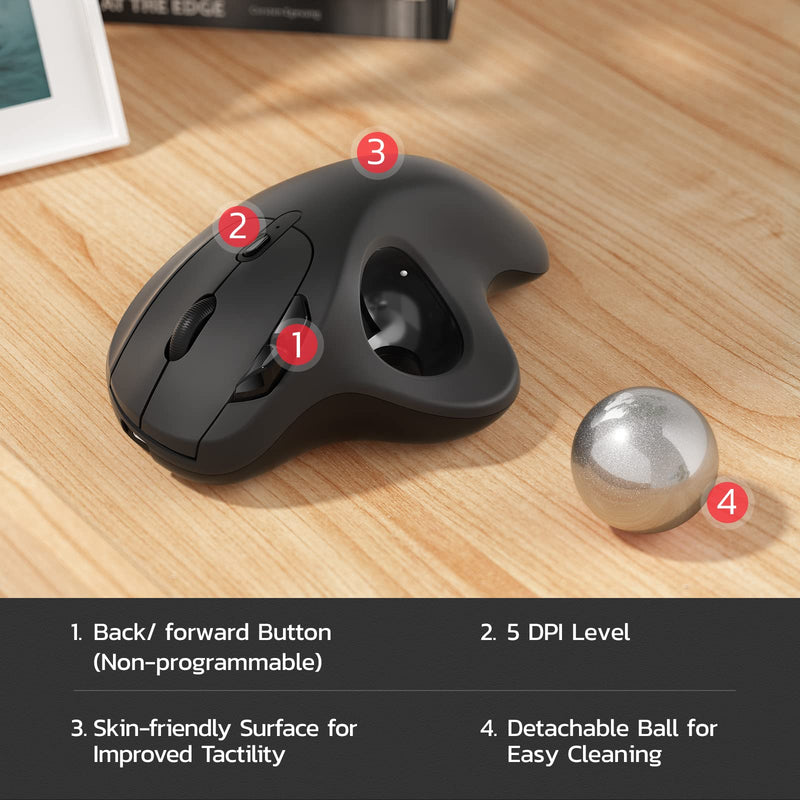 Nulea M501 Wireless Trackball Mouse, Rechargeable Ergonomic, Easy Thumb Control, Precise & Smooth Tracking, 3 Device Connection (Bluetooth or USB), Compatible for PC, Laptop, iPad, Mac, Windows. G-Silver