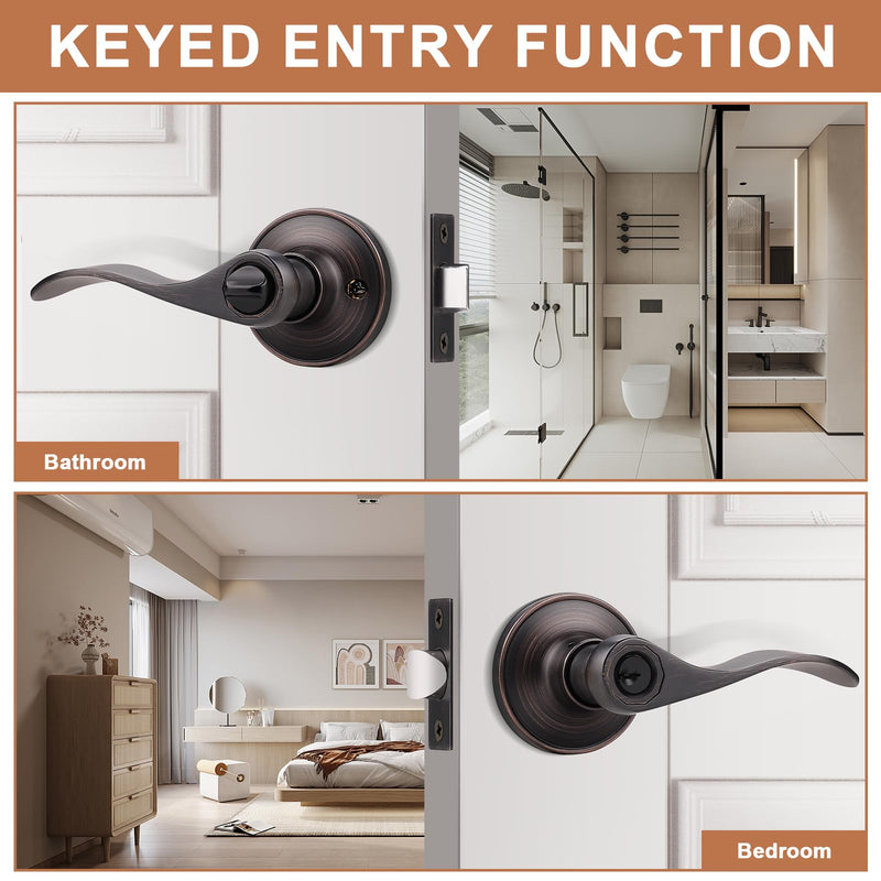Probrico (1 Pack Entry Door Lever [Lock with 3 Keys],Locking Door Handle Set for Office or Front Door,Oil Rubbed Bronze Wave Entrance Door Lock with Key, Reversible Right & Left Side Handed 1 Keyed Entrance-not keyed alike