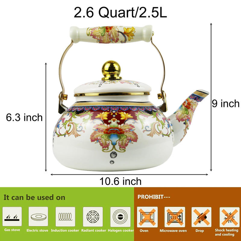 2.5L Floral Enamel Tea Kettle with Ceramic Handle, Stovetop Teapot - Lead-Free, No Whistle, Ideal Gift for Tea Lovers, Used for Drinking Tea in Camping Courtyards