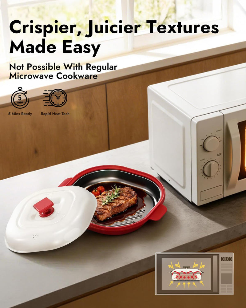 Microwave Grill Pan - Get Real Grill Marks in 5 Minutes, Multi-Cooker (Bake/Fry/Steam) for Steak, Bacon & Veggies. Nonstick, Dishwasher Safe for RV/Dorm/Office Use, Includes Brush