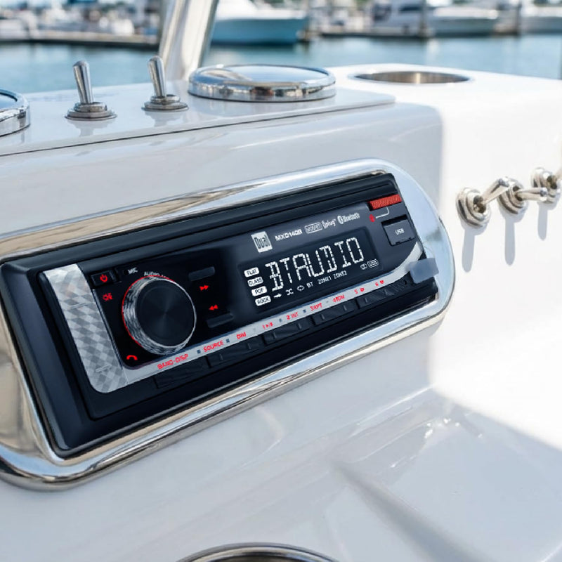 Dual Electronics MXD140B Marine Stereo with Built-in Bluetooth | Single DIN 8-Character Sunlight-Readable LCD Display | Weatherproof | AM/FM Stereo Receiver | USB Port with 2.1 A Charging | Black Marine Radio