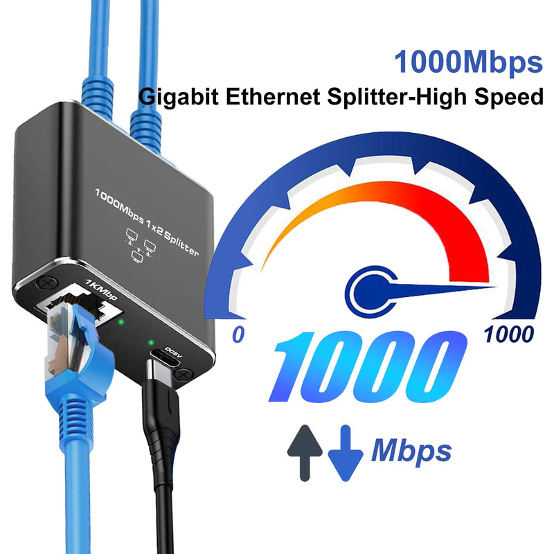 Gigabit Ethernet Splitter 1 to 2 High Speed(2 Devices Simultaneously Networking), 1000Mbps Internet Splitter 1 in 2 out, LAN Splitter with USB Power Cable, RJ45 Splitter for Cat5/5e/6/7/8 Cable