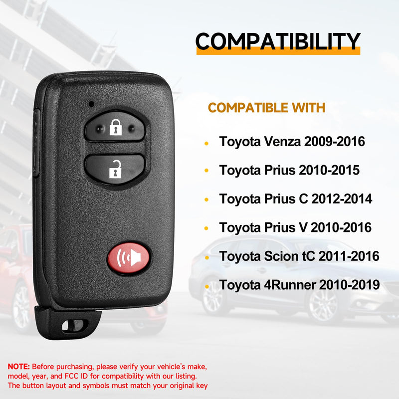 Smart Key Fob Replacement Fits for Toyota Venza 2009-2016 Prius 2010-2015 Prius C 2012-2014 Prius V 2010-2016 Scion TC 2011-2016 4Runner 2010-2019 Car Keyless Entry Control Remote HYQ14ACX 89904-47230