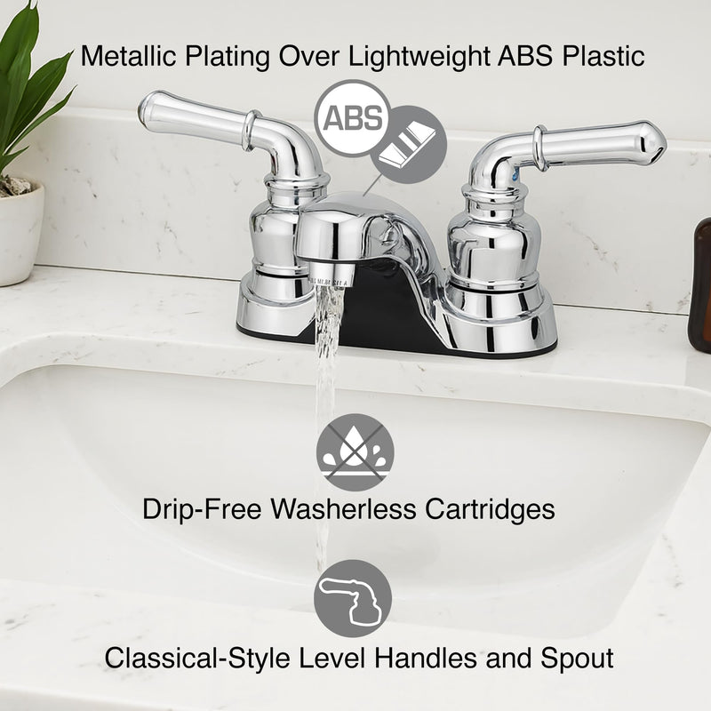 Pacific Bay Lynden Bathroom Sink Faucet, Plated ABS (Chrome) 2 Pack | Metallic-plated ABS sink faucet - lightweight, rustproof, and easy to install. Plated ABS plastic (not metal). Polished Chrome