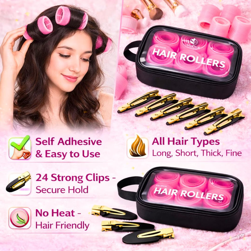 Hair Rollers with Clips 50PCS Set – Self Grip Curlers (60/48/36/25mm) with 24 Metal & No Bend Clips, Rat Tail Comb & Storage Bag for Long, Medium & Short Hair – Volume & Lift DIY Styling