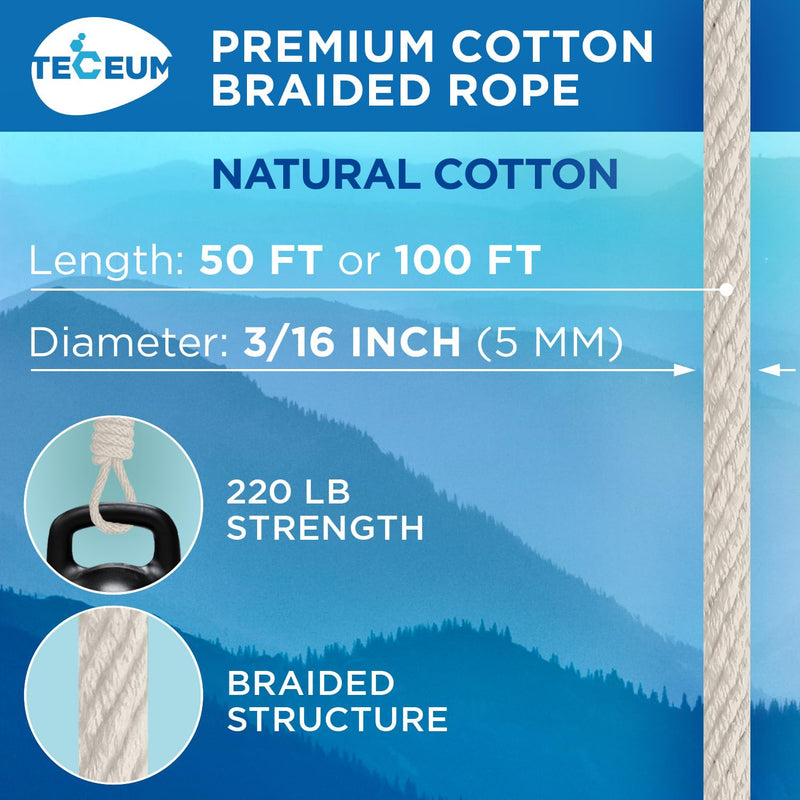 TECEUM 500lb Cotton Rope 3/16” (5 mm) – 50 FT | 100 FT– Strong All-Purpose Braided Rope – Natural Cotton – for Crafting, Сamping, Clothes Line, DIY, Indoor & Outdoor Use – Natural 50 feet