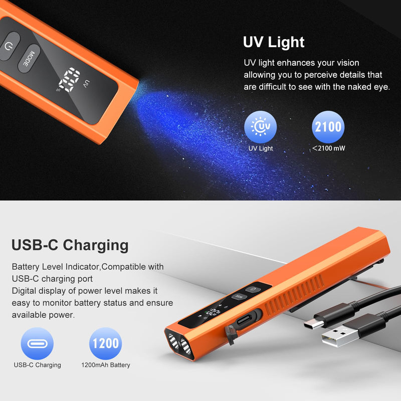 5-in-1 Rechargeable EDC Flat Flashlight, High Lumens Pocket Torch with White LED, Green, UV, Magnetic Base & Clip, Compact Flat Flashlight for Camping, Emergency, Work with Bag (Orange) Orange