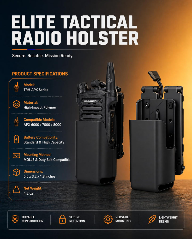 Hard-Shell Radio Holster Compatible with Motorola APX 6000/8000 | Extended Battery Holder for Duty Belts and MOLLE/PALS Vest, Elastic Retention Cord, PTT, Display and Mic Port Access, Black