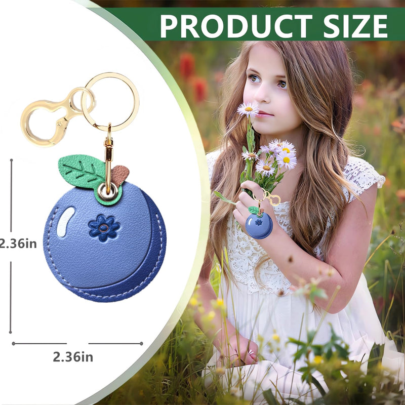 BORKUANA PU Leather Keychain holder Protective Case Compatible with AirTag | Cute Drop-proof Cover with Keyring,Anti-Scratch Finder GPS Tracker Case for Wallet Keys,bag,Backpack,pets,luggage,Fruit Blueberry
