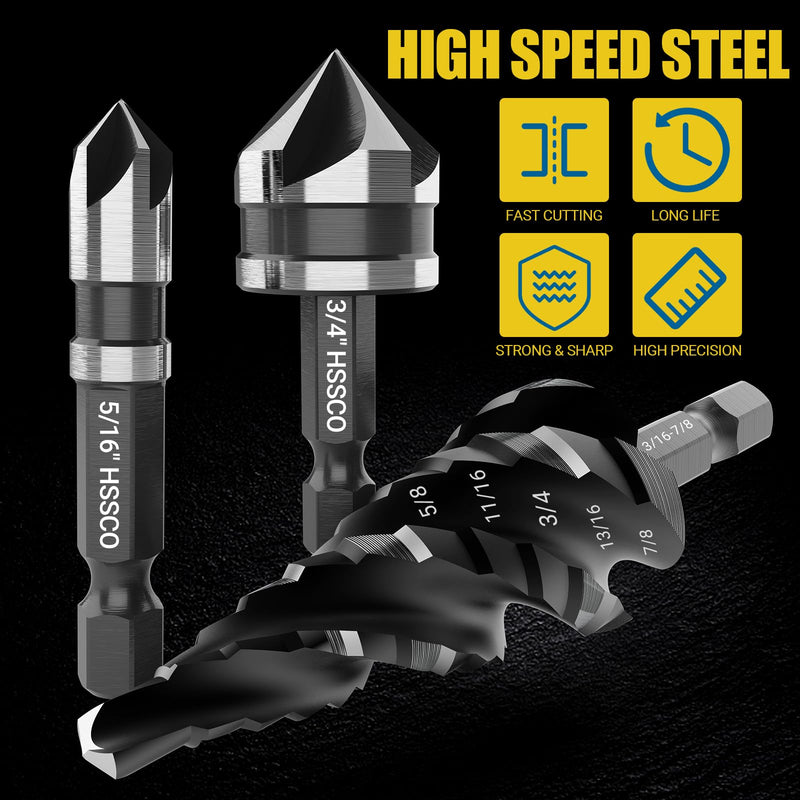 5 Pcs Four Spiral Flute Step Drill Bit Set & 6 Pcs Countersink Drill Bits with Tool Box, Nitriding HSS Drill Bits for Metal, Aluminum, Wood, Plastic