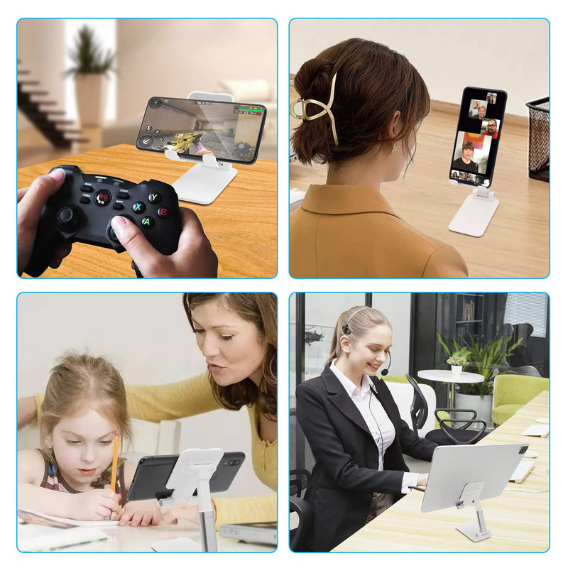 Cell Phone Stand, Folding Desktop Phone Stand, Angle Height Adjustable Mobile Phone Holder for Desk, Office, Tablet Stand Compatible with All Phones 4-10’’ Cellphone & Tablet (White) B-White