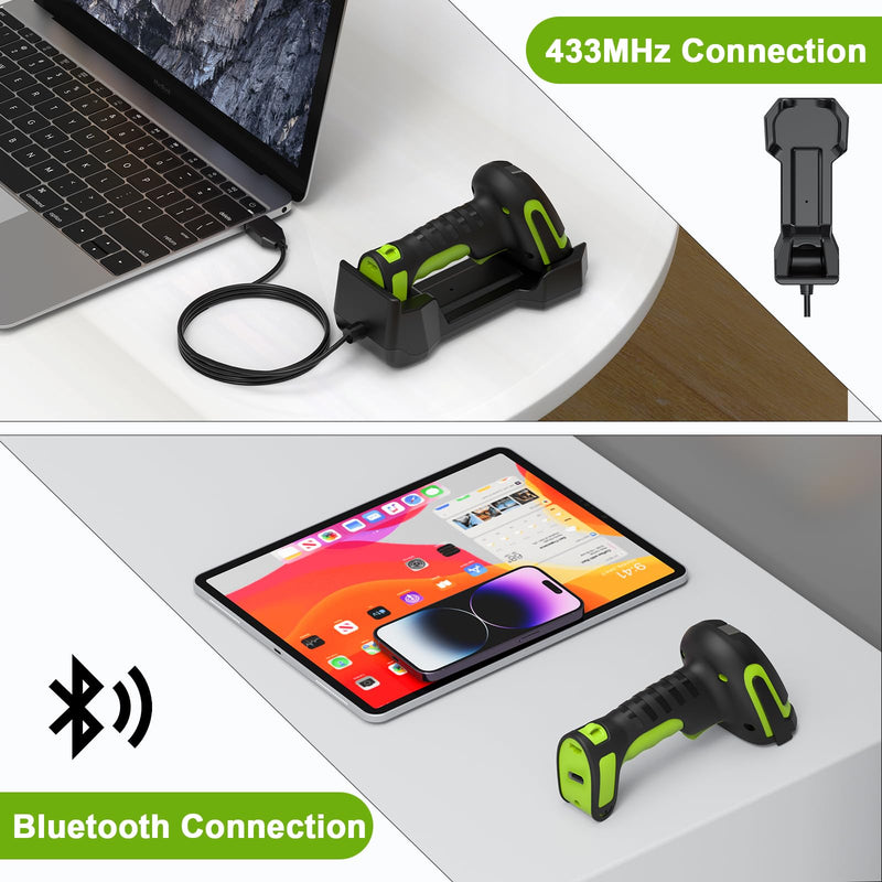 Industrial 433Mhz Wireless Barcode Scanner with Charging Cradle,IP65 Drop-Proof 2-in-1 Bluetooth and 433Mhz Barcode Reader for Laptop Desktop Tablet Android iOS,ipad LB