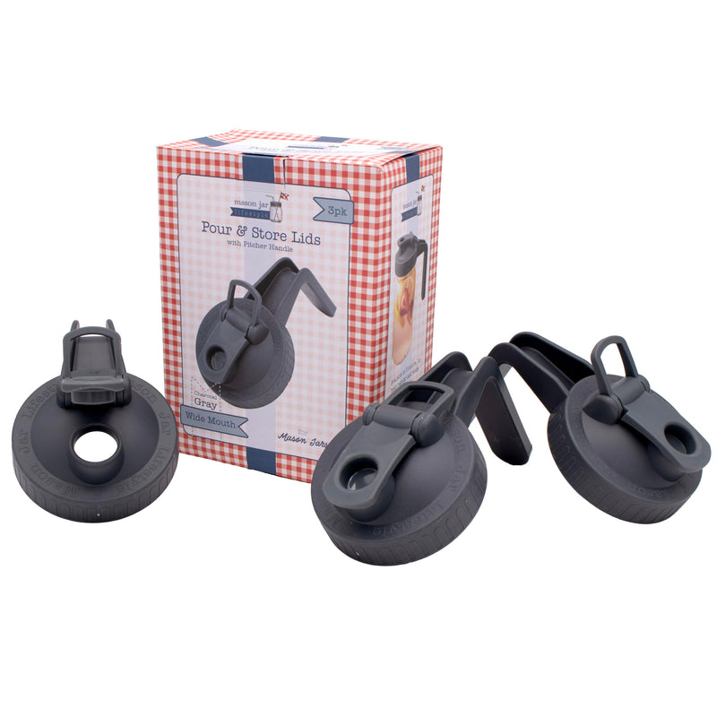 Charcoal Gray Pour & Store Pitcher Lid with Handle for Mason Jars (3 Pack, Wide Mouth)