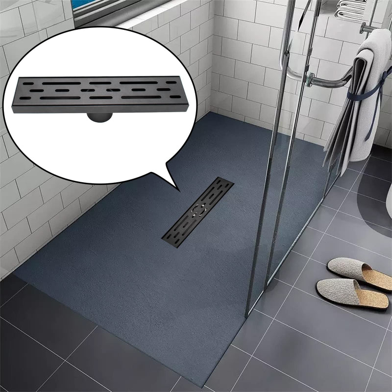 12 Inch Black Linear Shower Drain, Rectangular Shower Floor Drains with Brickwork Cover, 304 Stainless Steel Black Linear Drain for Bathroom with Leveling Feet, Hair Strainer (Matte Black) 12 Inch