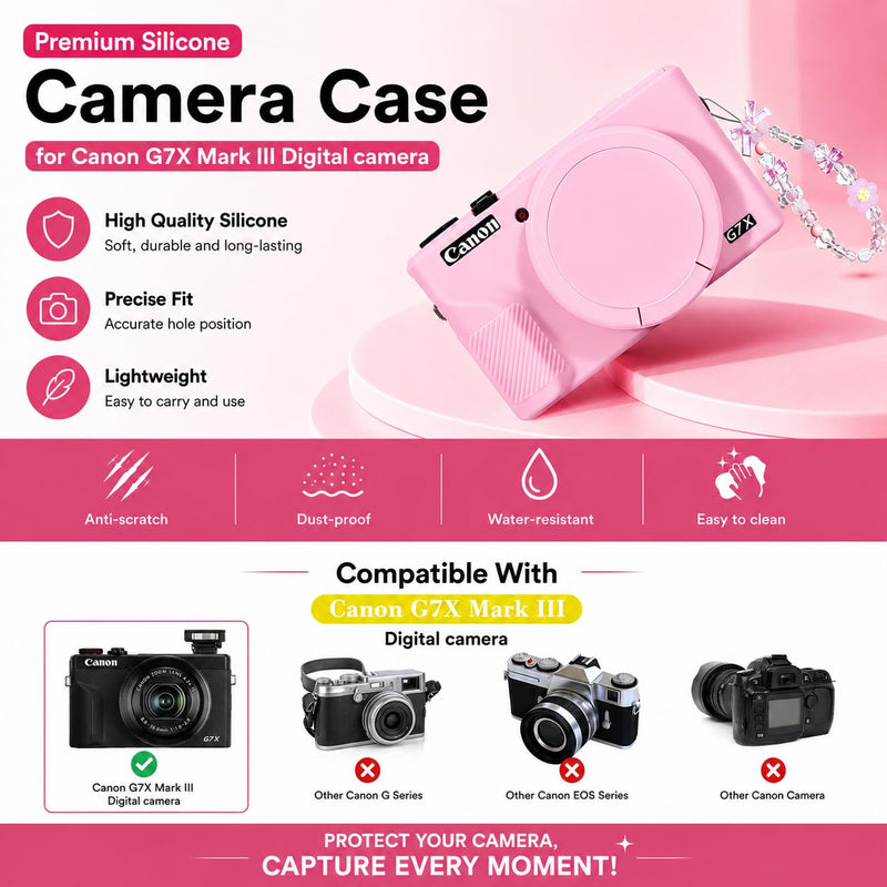 Silicone Camera Case for Canon G7X Mark III with Removable Lens Cover,BraceletWrist Strap,2 Tempered Glass Screen Protectors,Protective Travel,DailyPhotography Camera Accessories (Pink) Pink
