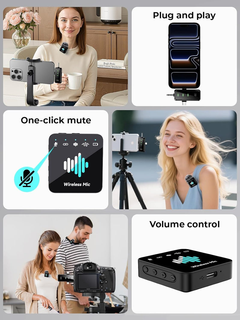 MENERESAS Wireless Microphone for iPhone: 40dB Noise Canceling Mini Mic with 20Hz-20kHz Audio, 328ft Range, 20H Battery, 3-in-1 Lavalier Microphone for Video Recording Elegant Black