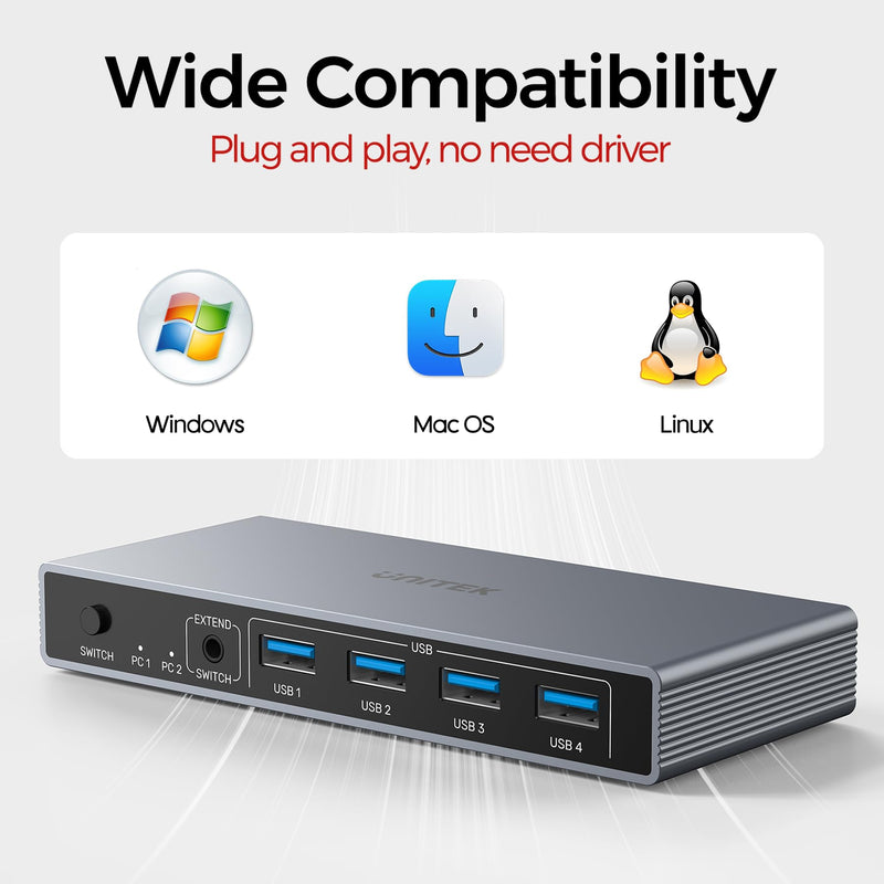 Unitek HDMI KVM Switch 1 Monitors 2 Computers - 4K@60Hz 4 USB A 3.0 5Gbps Ports PC Switcher for Computer Display Desktop Keyboard Mouse with Converter
