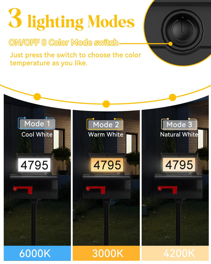 LumiZen New Upgraded Solar Address Sign,Double Sided Glow House Numbers with Auto On/Off, 3-Color Lighting Modes Mailbox Number Plaque Waterproof, Dual Stakes for Home Yard Driveway Black-3M 3 LIGHT MODES
