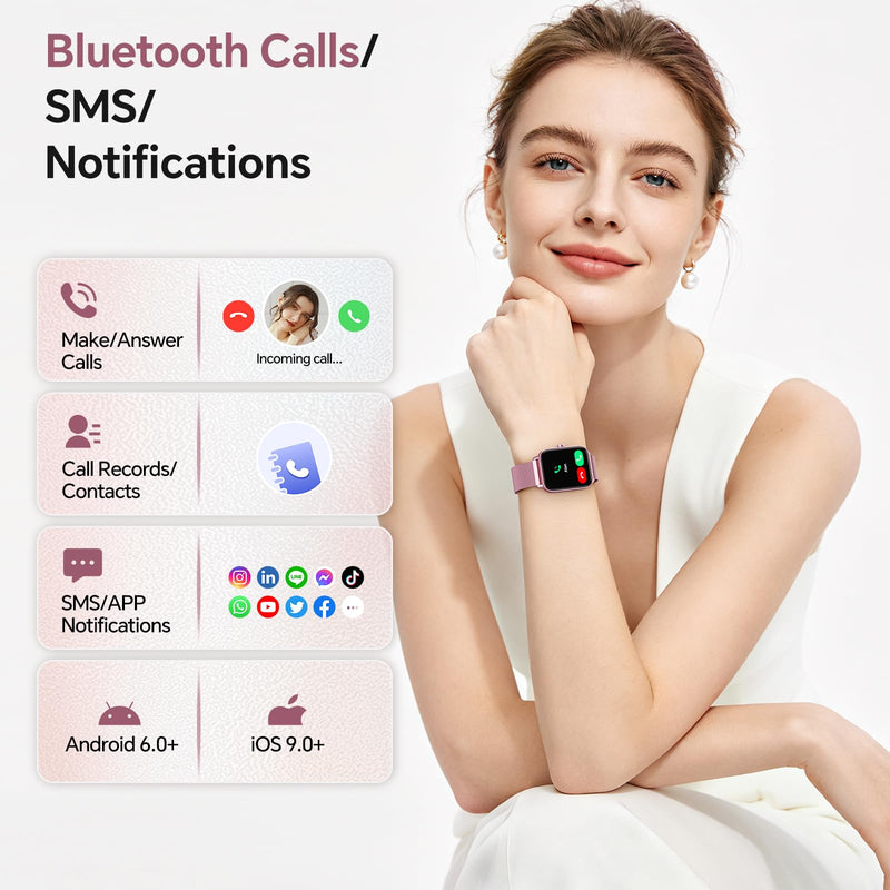 Smart Watches for Women (Calls/SMS/Reminders), 1.85" HD Alexa Smart Watch for Android Phones & iphone Compatible, 120+ Sport Modes Fitness Watch, Heart Rate/SpO2/Sleep Tracker, 3ATM Fitness Trackers Rose Pink-Mulberry Stainless Steel & Silicone