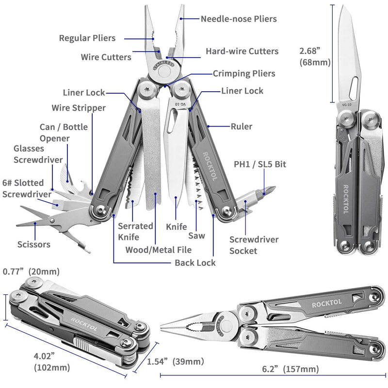 ROCKTOL Multitool SK02, VG-10 Knife,19-in-1 Multi-tool Pliers with Titanium-plated Handle,Compact & Lightweight EDC Multi Tool with Nylon Sheath for Men,Outdoor Survival,Hiking,Camping VG-10 Knife Blade
