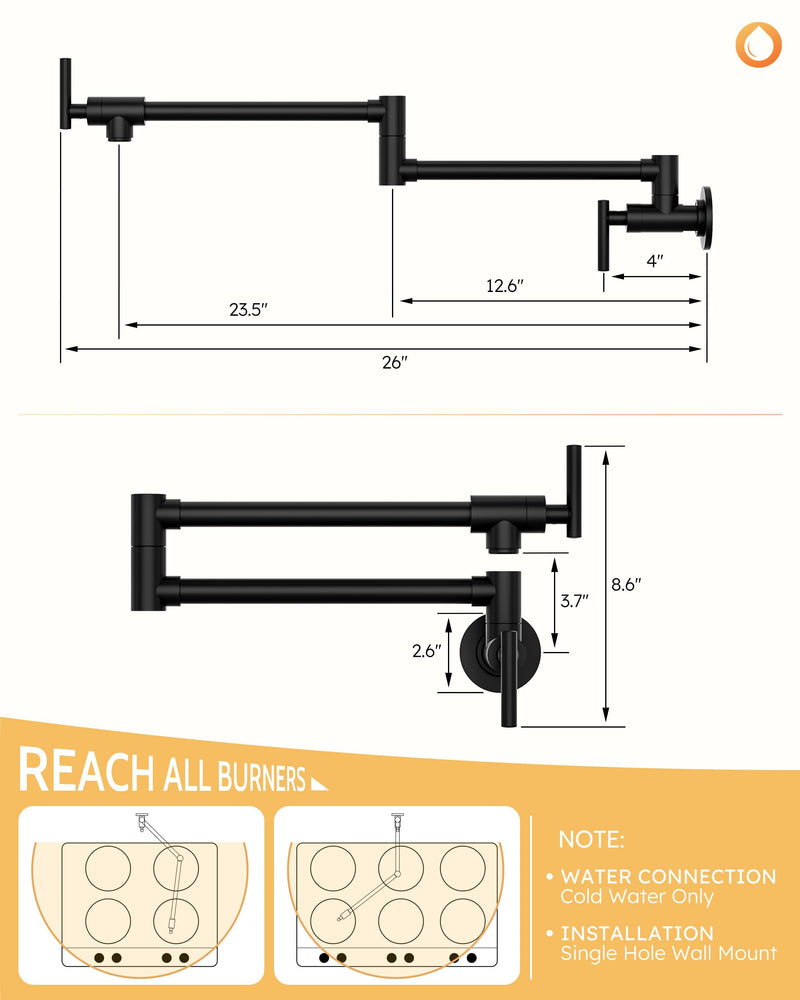 WOWOW Pot Filler Faucet Matte Black, Brass Pot Filler Wall Mount Kitchen Stove Faucet with Double Joint Swing Arms Solid Brass Material