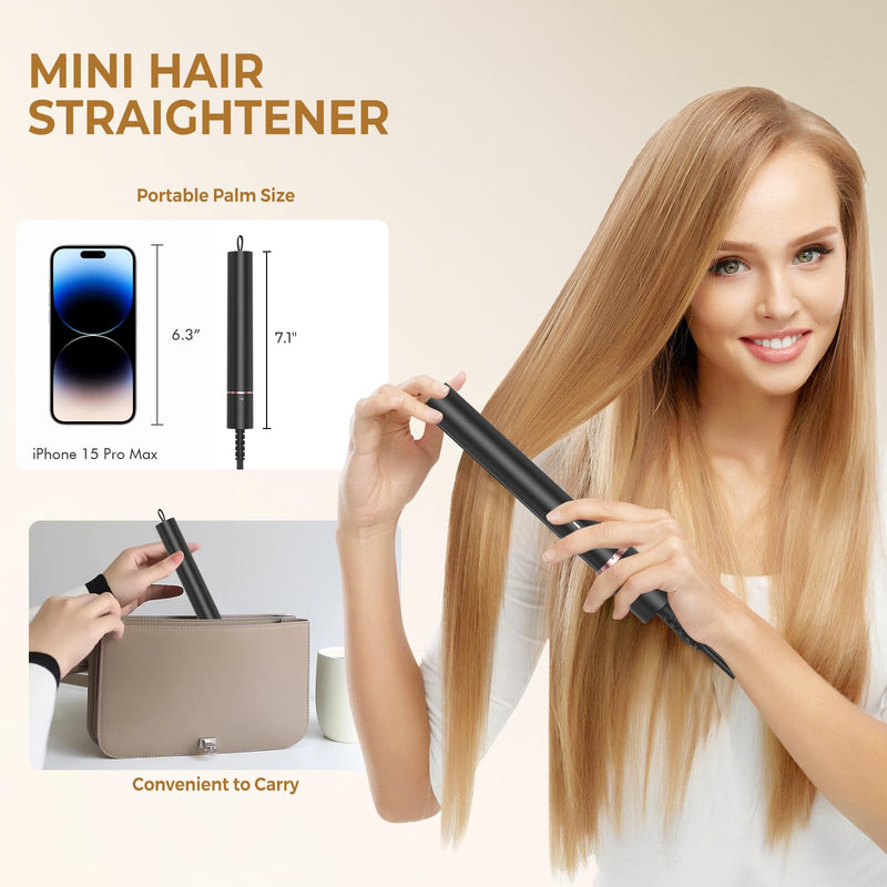  [AUSTRALIA] - Portable Mini Hair Straightener, 2 in 1 Compact Travel Straightener, Suitable for Short Hair, Fringes and Beards, Quick Heat up - 30s up to 200°C, Ceramic Plates, for Travel and Home Black