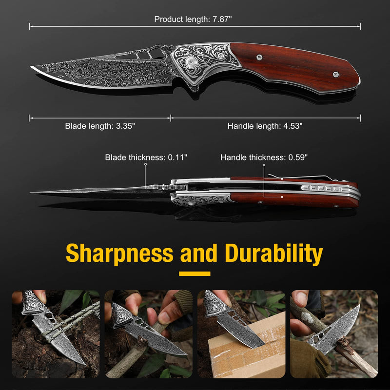 DRACHENADER Damascus Pocket Knife for Men with Clip and Leather Sheath, Handcrafted 67-Layer Damascus Steel Folding knife, Wood Handle, Ideal Gift for Father & Collector 3.4"