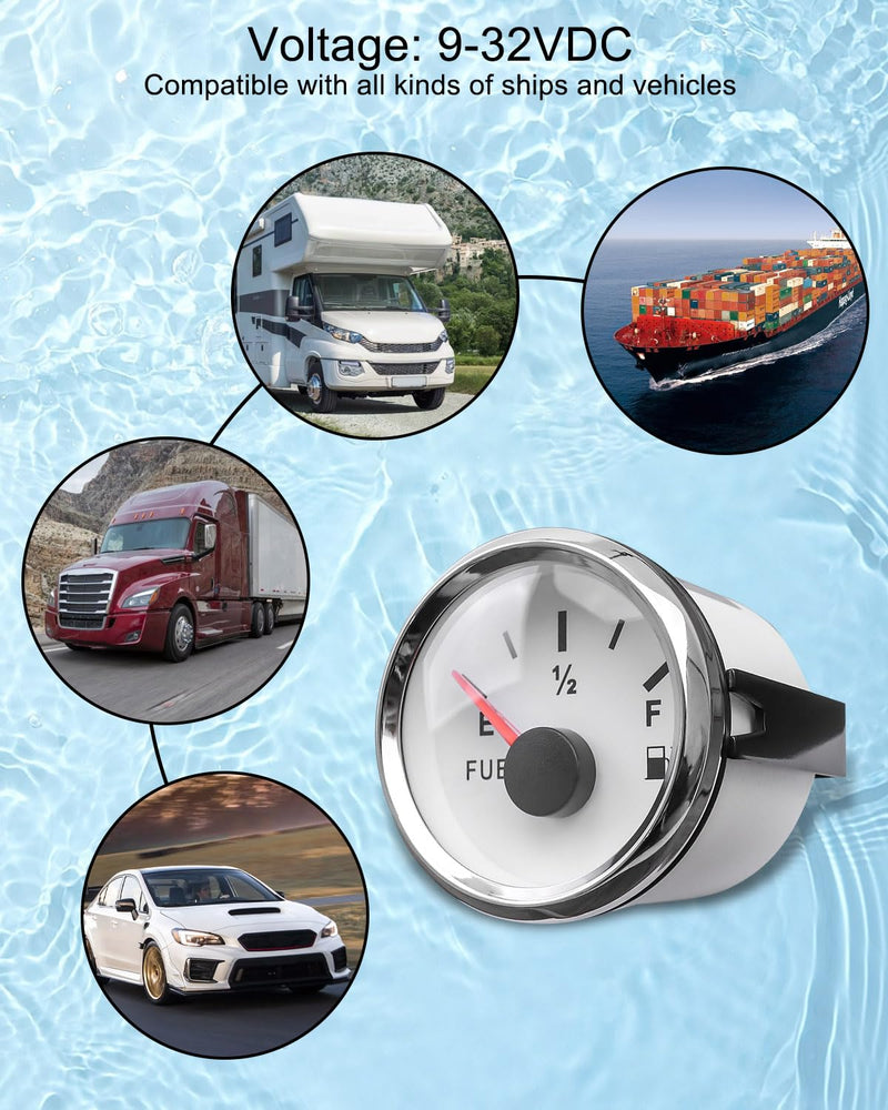 Boat Fuel Level Gauge 73-10 ohms (Empty-Full) for Marine Car RV Yacht Motorcycle Automotive, 52mm 9-32VDC White 73-10 ohm 52mm White
