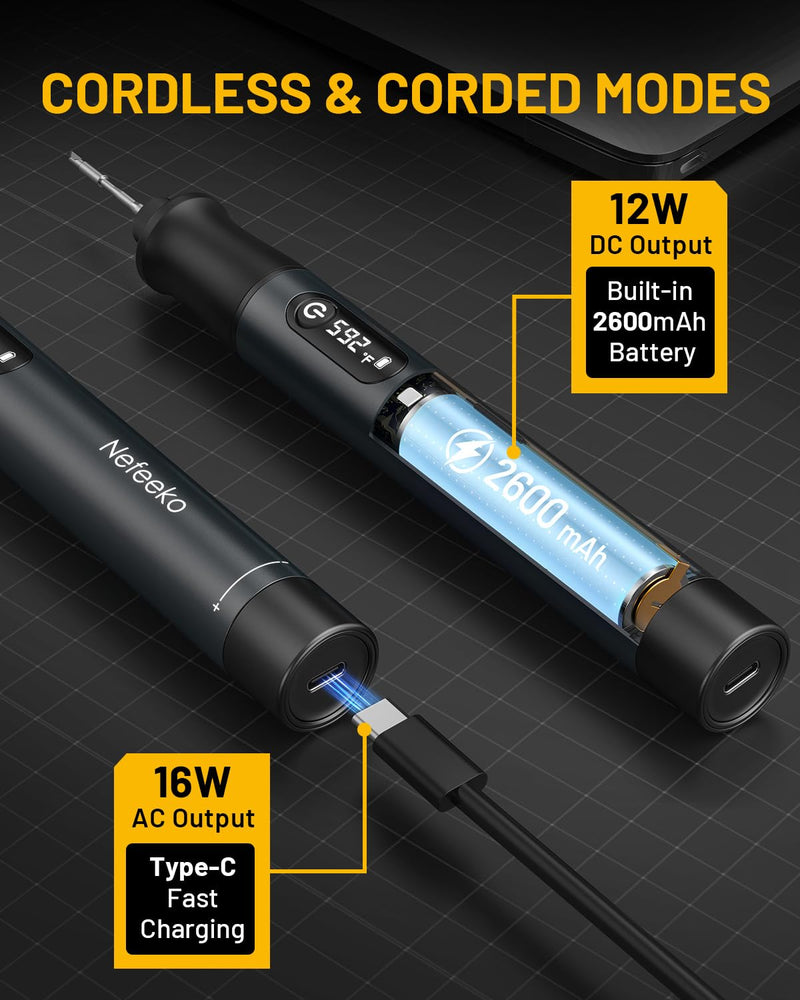 Nefeeko Cordless Soldering Iron Kit, Rechargeable Soldering Iron with Stand, 7s Fast Heating, Auto Sleep/Off, C210 Soldering Iron Tips, Portable Soldering Pen Soldering Gun Kit for Electronics Repair