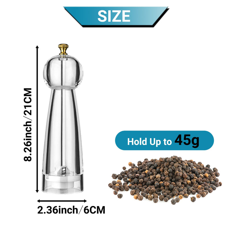 Salt and Pepper Grinder Set, Pepper Mills Classic Manual Transparent Acrylic Rotor, 2PCS 8IN Large Capacity Pepper & Salt Grinder Seasoning Bottle, Ceramic Core Adjustable Coarseness for Fresh Spices Acrylique transparent