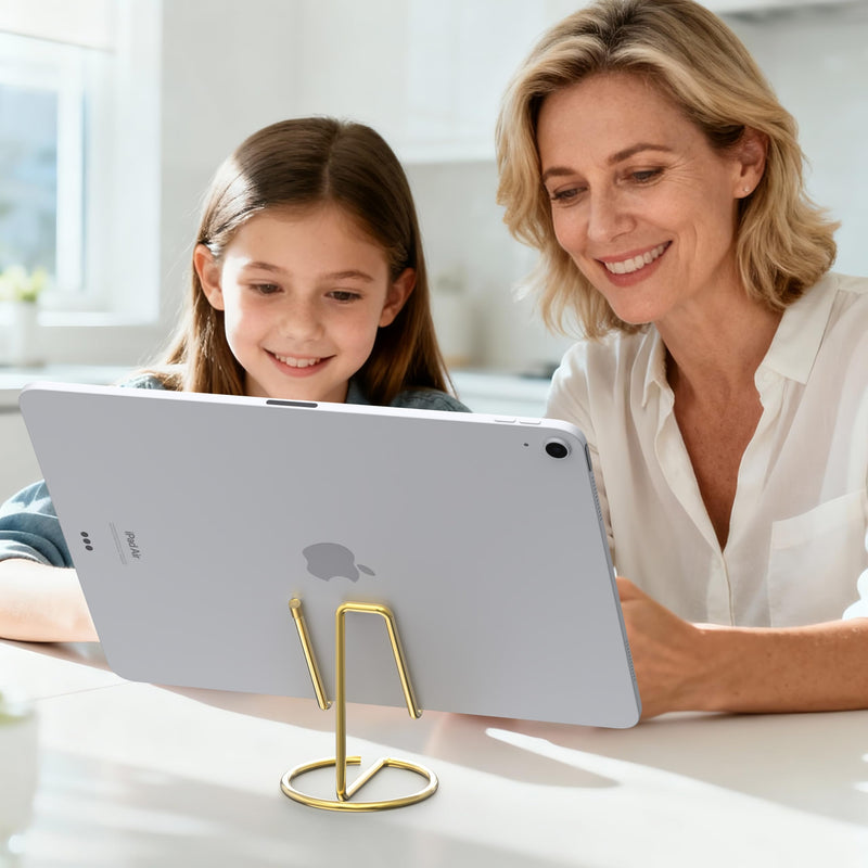 Metal Cell Phone Stand for Desk, Cute One-Piece Phone Holder, Stable Desktop Display Dock for iPhone, iPad, Samsung, Tablets & All Mobile Phones, Gold