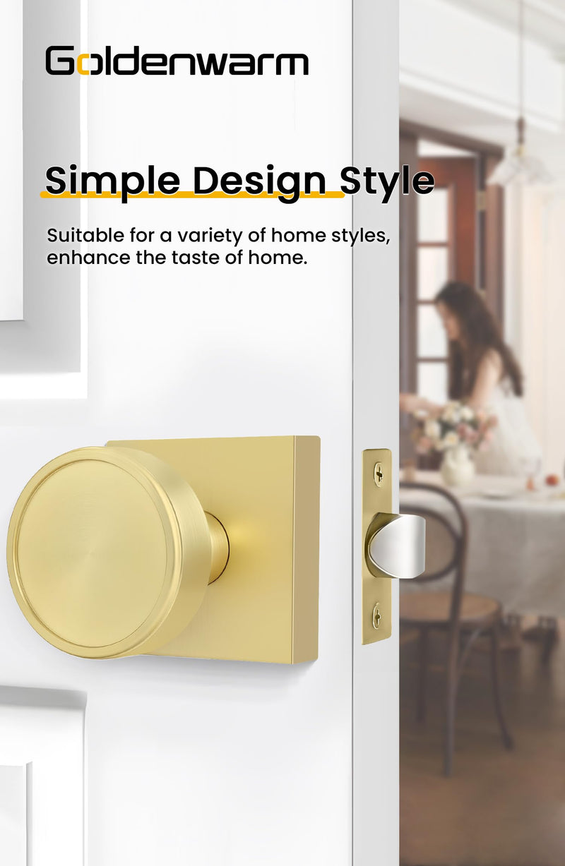 Goldenwarm Gold Passage Door Knob Interior, Zinc-Alloy Round Brushed Gold Closet Door Knob Heavy Duty Hall Closet Doorknob, Hallway - 1 Pack